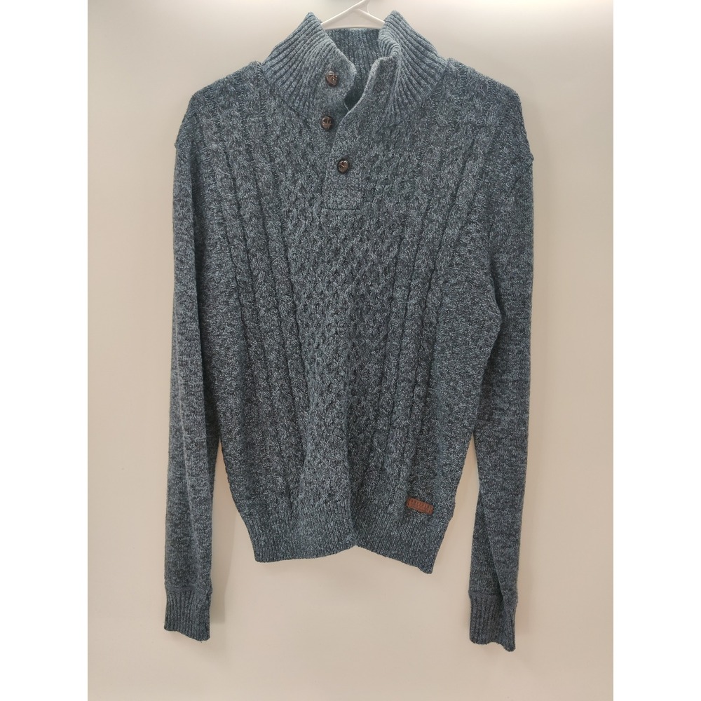 Buffalo David Bitton Mens Gray Cable Knit Mock Neck Button Sweater Large L